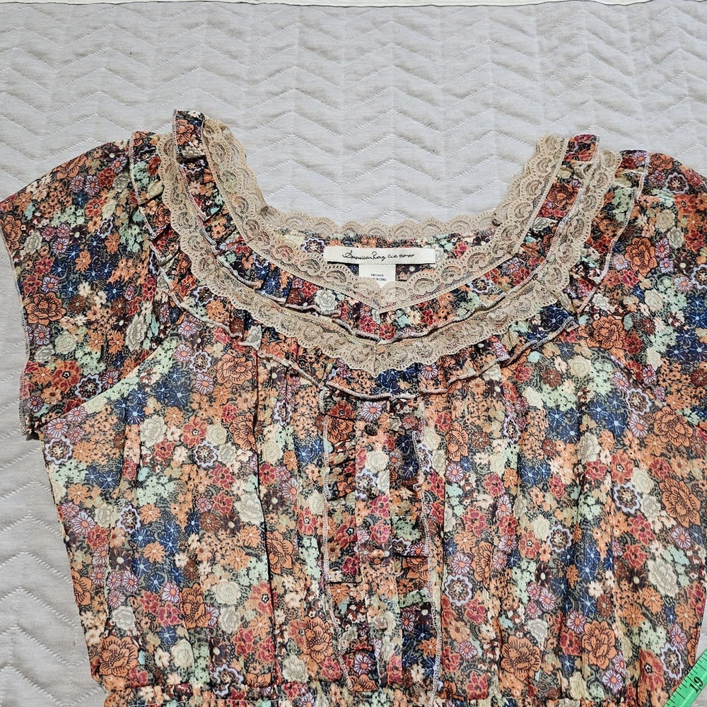 American Rag Babydoll Boho Smocked Lace Cottagecore Bloomcore Dress Size L - Picture 5 of 16